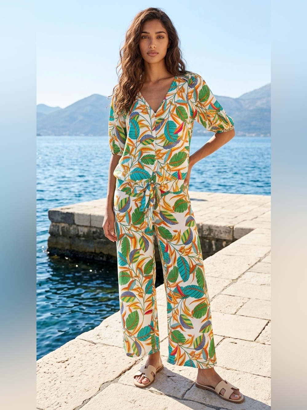 Rose + Olive Vibrant Tropical Leaf Print Two Piece Set Top SZ L Pant SZ 1X NWT
